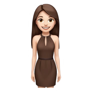 emoji-style illustration of a stylish pretty big smile woman with long straight brown hair, wearing a dark halter neck dress, elegant and minimalistic look, front-facing, soft 3D cartoon rendering, plain background sticker