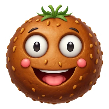 a giant meatball with googly eyes and a smile sticker