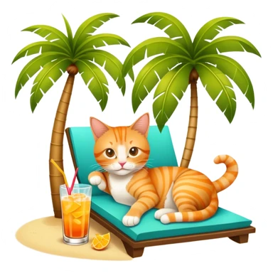 Orange tabby cat lounging under a palm tree with a mai tai tropical drink sticker