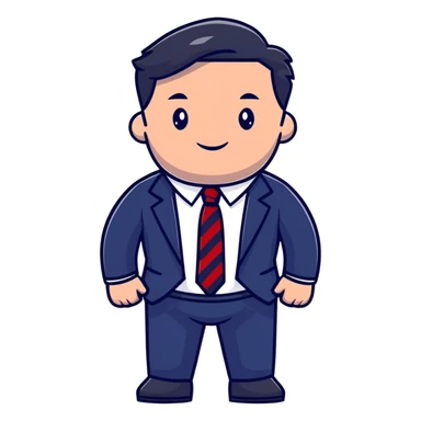 man wearing a dark blue-gray business suit with black horizontal stripes on the arms and legs, white shirt and red tie sticker