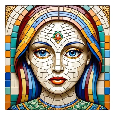 Mosaic art icon, colorful tiles forming a detailed picture, like a landscape or portrait, intricate patterns, some tiles in process of placement, minimalistic style, clean lines, transparent background. sticker