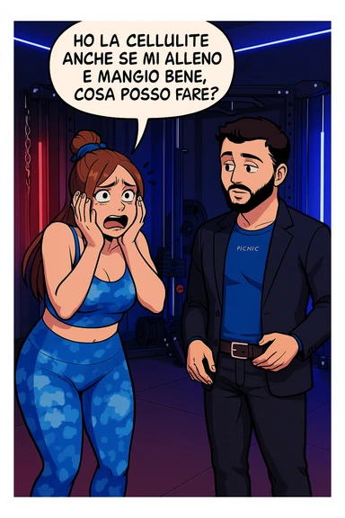 TRASFORMA QUESTO CAROSELLO IN UN FUMETTO STILE WEBTOON/MANGA A COLORI CON QUESTE DUE PERSONE IDENTICHE CHE INTERLOQUISCONO TRA LORO, LA DONNA è DISPERATA CON LE MANI SULLE GUANCE E STA DOMANDANDO TUTTA AGITATA UNA COSA ALL'UOMO:

LEI (DONNA): Ho la cellulite anche se mi alleno e mangio bene, cosa posso fare? sticker