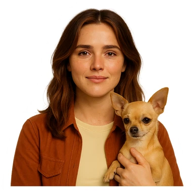 Centered portrait for Instagram profile picture inspired by the facial features visible in the reference images. Tanned complexion with subtle freckles, wearing a shirt colored #FFF8CA and a rust-colored jacket. Medium-length brown hair with auburn highlights. Expression is relieved and calm. Holding a beige-brown chihuahua. Style inspired by a Netflix series, intimate Tenerife ambiance, transparent background. sticker