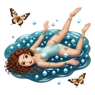 full body woman long curly brown hair brown eyes white skin tattoos lying in shallow water, floating crystals and moths above sticker