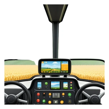 a view from the tractor cabin, with the dashboard in focus, overlooking a vibrant rural landscape. Inspired by Farming Simulator 22, the scene includes fields, crops, and distant barns under a bright sky. The design highlights the immersive experience of farm management. transparent background sticker