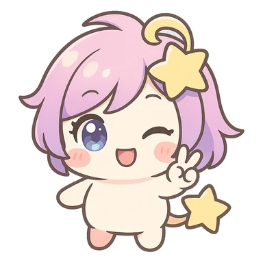 Stella Puff (星星噗噗) in kawaii chibi style, front view, winking and making a peace sign, big sparkling blue-violet eyes, pastel pink-purple gradient hair with a yellow star swirl, creamy white round body, coral pink blush, short arms and legs, golden star tail, clean lines, transparent background sticker