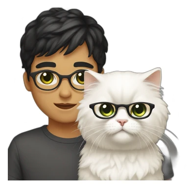Boy with green eyes, black short hair, white skin, with glasses, holds  Persian cat with orange wool sticker