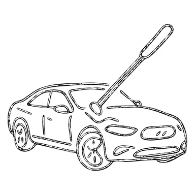 hand-drawn outlined icon of a high-end car with a rod tool touching a dent, matte black, fine silver lines, minimal sticker