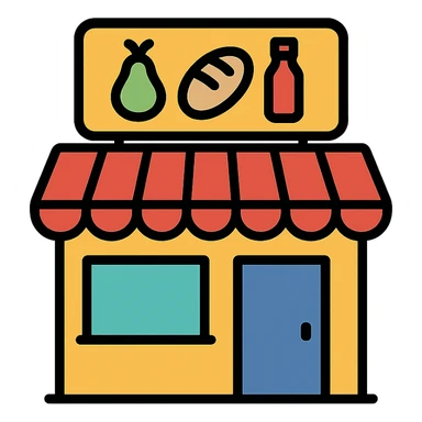 grocery store icon, flat color style, bold and easy to identify, modern look sticker