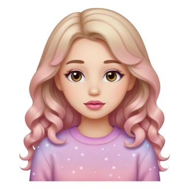 “Emoji girl, soft eyeliner, gradient rose lips, light brown shimmer eyeshadow, sparkly aegyo-sal, long wavy hair, cozy pastel sweater.” sticker