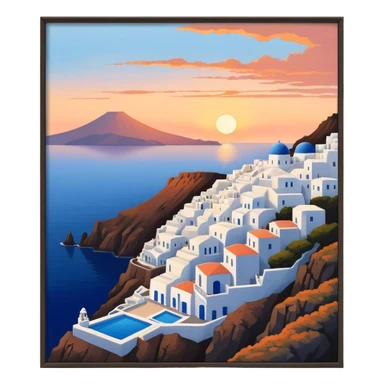 Cinematic Realistic Santorini Caldera Landmark Emoji, featuring white-washed buildings perched on volcanic cliffs, overlooking the deep blue Aegean Sea, with warm sunset hues illuminating the sky and reflecting off the water. sticker