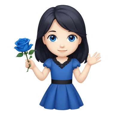 chibi girl with long dark hair, blue rose in hair, blue eyes, black dress, friendly smile, waving sticker