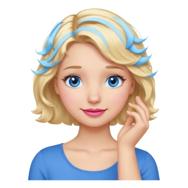 Girl Blonde short wavy hair,  blue eyes, cute blue top, long lashes, pink lips, smiling, 🤦🏻‍♀️ sticker