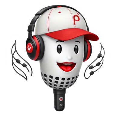 Create a dynamic and energetic emoji that represents beatboxing. The design should feature a stylized microphone with lips and baseball cap on it, sound waves emanating from it , symbolizing vocal percussion and rhythm. Add elements like headphones or a subtle speaker to emphasize the music production aspect. Use bold colors like black, white, and red to convey the intensity and creativity of beatboxing. The background should be transparent. sticker