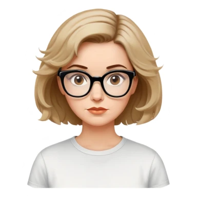 white woman in 50s, light warm skin, short messy bob with some waves, medium brown hair, big black thick glasses, white t-shirt, focused and serene look sticker