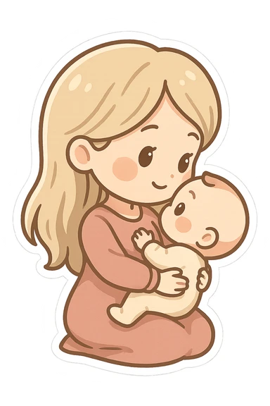 mom with long light hair holding a baby in her arms, they look at each other, side view, chibi stickers style, thin clean outlines, soft rounded shapes, pastel palette, detailed shadows and highlights, soft lighting sticker
