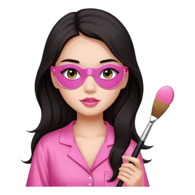 Dark long hair girl wearing pink victorias secret sleepwear is holding a makeup brush she also has eye patches white sticker