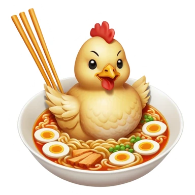 a chicken eating a ramen sticker