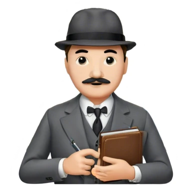 A cinematic-style frame showing Hercule Poirot in his iconic suit with a notebook in a dramatic detective pose. Background should be mysterious city, map, a board with photos of suspects, clues like fingerprints. Transparent background. sticker