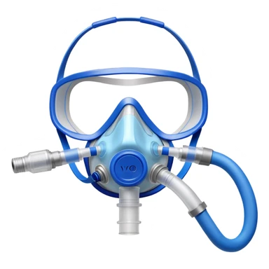 Close-up of blue VO2 max testing mask with breathing tubes and valves, no person wearing it sticker