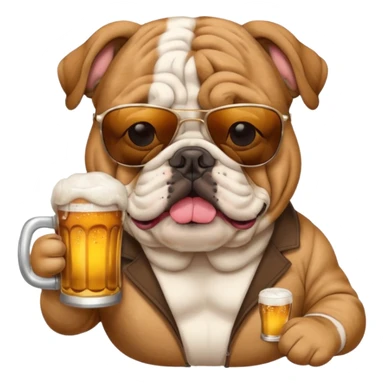 English bulldog wearing sunglasses holding a beer sticker