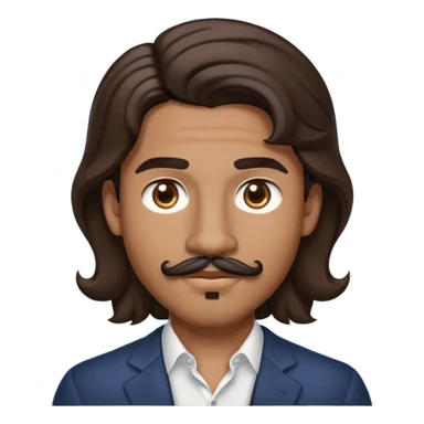 Apple-style emoji of young man with medium brown skin, mixed-race ethnicity, long wavy dark brown hair with perfect center part, cartoon-like stylized appearance, mustache separated from goatee, medium brown eyes, small diamond stud earrings, head only with no shoulders or neck sticker