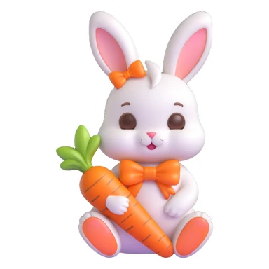 Change the pose of the bunny with a bow and carrot, making it sit with the carrot in its lap, in 3D iOS emoji style with soft gradients and a glossy finish, no background. sticker