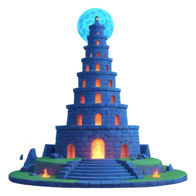 high-definition ultrarealistic 3D stone tower spiraling structure large base citadel bottom set on hill surrounded by spiral ramps glowing blue torches moonlit nebula sky spiritual tower mystical Shinto-inspired parallel world emoji icon sticker