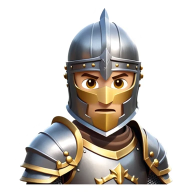 clash-of-clans-aesthetic_-cinematic-fearsome-and-majestic-knight-bust-portrait-emoji, rendered in a flat, vector-style with minimal shading and bold, simplified shapes, depicting a battle-ready medieval knight with steely eyes and intricate armor, mounted on a warhorse reflecting sunlight over a misty battlefield. sticker