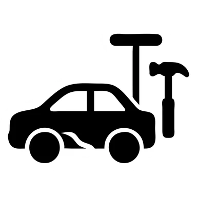solid filled icon of a car with a visible dent and dent repair tools like a lever and small hammer for Paintless Dent Repair (PDR) sticker
