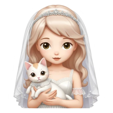 Very dreamy-beautiful-fashionable and elegant-wearing a wedding dress-with a veil-woman-holding a kitten-shiny-ladylike-soft style-kawaii-beautiful-hair-fairy style- sticker
