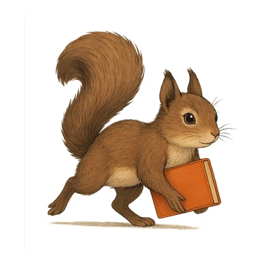 A cute brown squirrel with an orange book, studying at Siberian Federal University, running, full body, detailed fur, intelligent and beautiful sticker