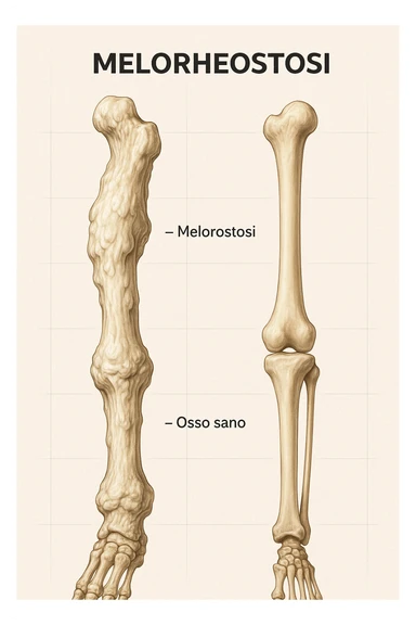 A highly realistic medical illustration focusing on a human arm and leg bones affected by melorheostosis. The bones appear visibly thickened, irregular, and larger than normal, with clear, layered bone growth resembling melted wax dripping down the side of the bones. The image shows a side-by-side comparison with a healthy bone for clarity, highlighting the difference in size and texture. The color palette includes neutral bone colors with subtle shading to show the abnormal contours and ridges. The background is clean and minimalistic, with faint anatomical grid lines for a scientific, educational feel. The overall mood is informative and precise, conveying the key visual characteristic of melorheostosis: progressive bone thickening that makes bones visibly larger and irregular. in italiano sticker