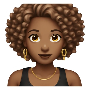 Female with curly cherry chocolate hair, burgundy eyes and light skin. She wears eyeliner and mascara, a black tank top and gold jewelry sticker