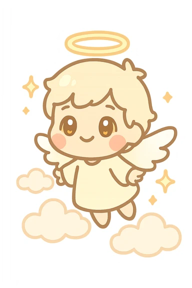 chibi angel with soft glowing halo, small white wings, gold eyes, blushing cheeks, pastel white and gold, floating, dreamy, sparkles, clouds, kawaii celestial sticker sticker
