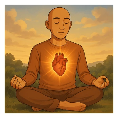 Person is meditating and his heart is glowing and shining, general style, with a real organ heart form, with a background sticker