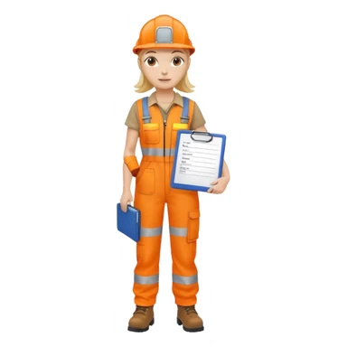 woman in orange hi vis overalls and boots holding a clipboard sticker