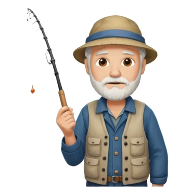 an old white haired, bearded man in fisherman attire, stood in a boat at sea, holding a fishing rod and catching fish with it. sticker