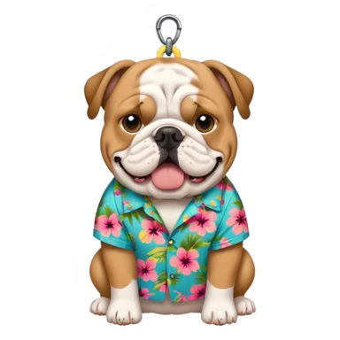 english bulldog in a floral Hawaiian shirt, dog tag labeled 'chompers', emoji style sticker