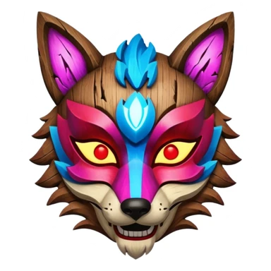 Ancient wooden mask, broken in half, luminous and neon with red, blue, and pink fox-like glow. Fragments of the mask scattered around. sticker