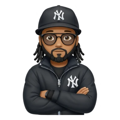 African American man with shoulder length black dreadlocks with black beard wearing  dark black sunglasses with a black bubble winter coat wearing a New York Yankees baseball cap with arms folded on chest sticker
