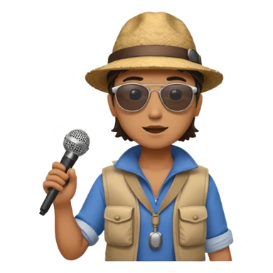 Icon for Documentary Film: A TV-style design with a traveler speaking in front of ancient ruins. Include details like a microphone, the traveler in casual explorer attire, and the ruins in the background. Capture the atmosphere of an informative journey through history. Transparent background. sticker