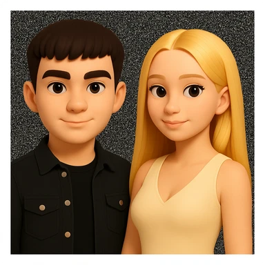 Slightly increase the volume of the upper body of the girl, separate the girl and the boy from each other, make the skin color the same for both characters, while preserving the cartoonish 3D style as in the reference image. sticker