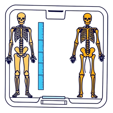 DEXA scan result showing full body composition with bones in white and tissue in different colors, medical diagnostic image sticker