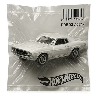 white 1971 Dodge Challenger Hot Wheels toy car, shiny and inflated, inspired by the movie 'Death Proof' sticker