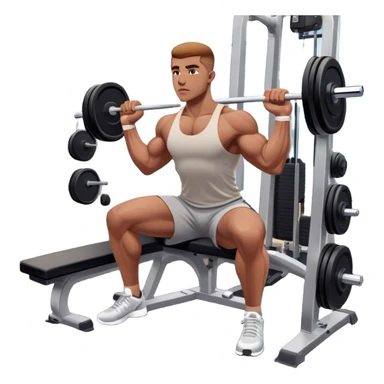 A focused athlete working out on a strength training machine in a modern gym. Muscles engaged, expression determined, demonstrating power and endurance. The gym is filled with equipment like dumbbells, barbells, and mirrors reflecting effort, creating a high-energy atmosphere. sticker