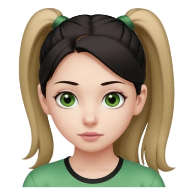 create an emoji of a young woman. She has a kind look, with long light brown hair in a single ponytail with a black hair tie, dark green eyes, pale skin, natural soft pink lips. she wears a green y2k top sticker