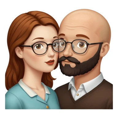 Couple. Bald man with dark brown-black beard. White woman with many small, faded freckles, she has white skin and she has auburn-brown-cinnamon, dark long hair. She has light brown eyes. The man have hazel eyes and glasses. She don’t wear glasses. Retro style. She kisses him. sticker