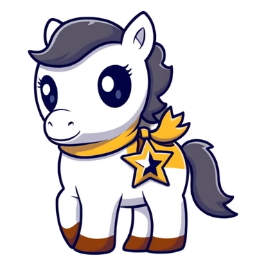 A cartoon stuffed pony with a sheriff star on its saddle blanket sticker