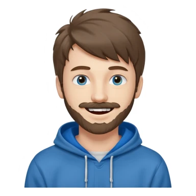 20 year old man, short scruffy beard and thin moustache, brown puffy mullet, blue eyes, big smile, white teeth, big lips, pronounced jaw, hair longer in back, sticking up on top, thin face, grey hooded sweatshirt, pale skin, big smile, blue eyes, puffy hair that is long in back sticker